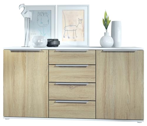 Vladon Sideboard Linio 139 x 72,5 x 35 cm Anrichte mit 2 Türen und 4 Schubladen, Korpus in Weiß matt, Fronten in Eiche sägerau von Vladon