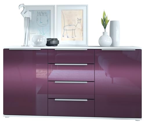 Vladon Sideboard Linio 139 x 72,5 x 35 cm Anrichte mit 2 Türen und 4 Schubladen, Korpus in Weiß matt, Fronten in Brombeer Hochglanz von Vladon