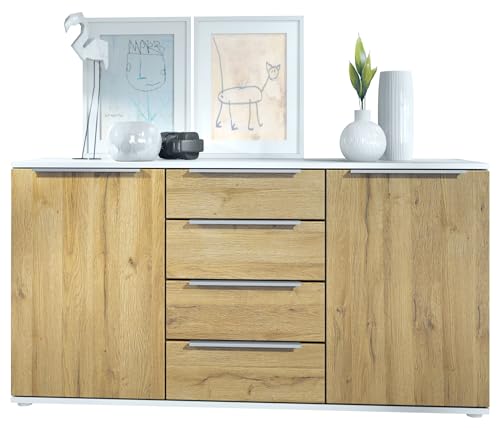 Vladon Sideboard Linio 139 x 72,5 x 35 cm Anrichte mit 2 Türen und 4 Schubladen, Korpus in Weiß matt, Fronten in Eiche Natur von Vladon