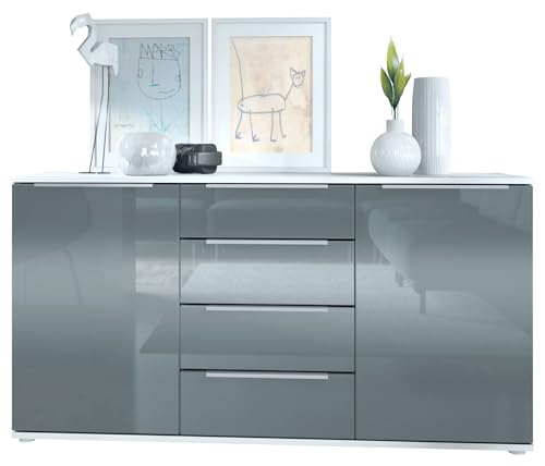 Vladon Sideboard Linio 139 x 72,5 x 35 cm Anrichte mit 2 Türen und 4 Schubladen, Korpus in Weiß matt, Fronten in Grau Hochglanz von Vladon