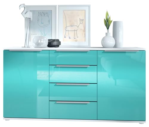 Vladon Sideboard Linio 139 x 72,5 x 35 cm Anrichte mit 2 Türen und 4 Schubladen, Korpus in Weiß matt, Fronten in Petrol Hochglanz von Vladon