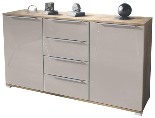 Vladon Sideboard Linio V1, Anrichte mit 2 Türen und 4 Schubladen, Eiche Evoke/Sandgrau Hochglanz (138,5 x 75,5 x 35 cm) von Vladon