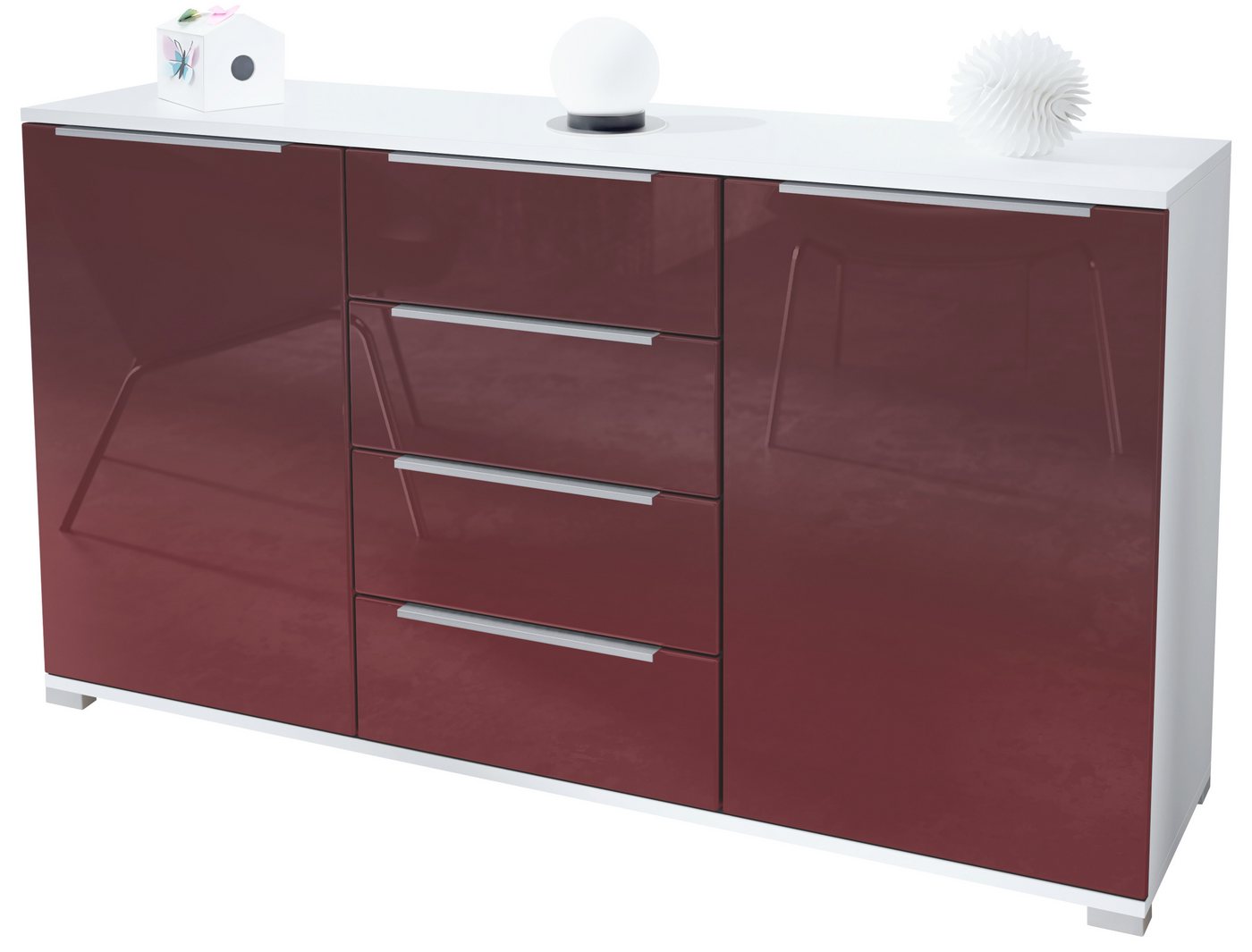 Vladon Sideboard Linio V1 (Anrichte, mit 2 Türen und 4 Schubladen), Weiß matt/Bordeaux Hochglanz (138,5 x 75,5 x 35 cm) von Vladon