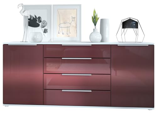 Vladon Sideboard Linio V2 166,5 x 72,5 x 35 cm Anrichte mit 2 Türen und 4 Schubladen, Korpus in Weiß matt, Fronten in Bordeaux Hochglanz von Vladon
