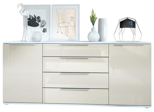 Vladon Sideboard Linio V2 166,5 x 72,5 x 35 cm Anrichte mit 2 Türen und 4 Schubladen, Korpus in Weiß matt, Fronten in Creme Hochglanz von Vladon