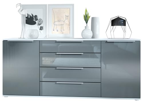 Vladon Sideboard Linio V2 166,5 x 72,5 x 35 cm Anrichte mit 2 Türen und 4 Schubladen, Korpus in Weiß matt, Fronten in Grau Hochglanz von Vladon