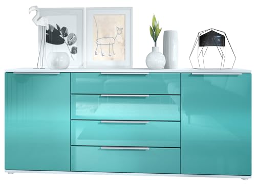 Vladon Sideboard Linio V2 166,5 x 72,5 x 35 cm Anrichte mit 2 Türen und 4 Schubladen, Korpus in Weiß matt, Fronten in Petrol Hochglanz von Vladon