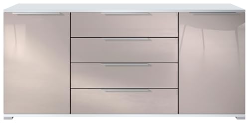 Sideboard Linio V2 – Moderne Kommode mit 2 Türen & 4 Schubladen, Weiß matt/Sandgrau Hochglanz, 166,5 x 72,5 x 35 cm (BxHxT) – Beistellschrank Anrichte Standschrank von Vladon