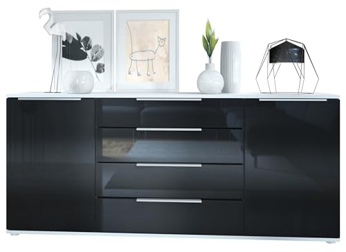 Vladon Sideboard Linio V2 166,5 x 72,5 x 35 cm Anrichte mit 2 Türen und 4 Schubladen, Korpus in Weiß matt, Fronten in Schwarz Hochglanz Vladon Sideboard Linio V2 166,5 x 72,5 x 35 cm Anrichte mit 2 Türen und 4 Schubladen, Korpus in Weiß matt, Fronten in Schwarz Hochglanz von Vladon