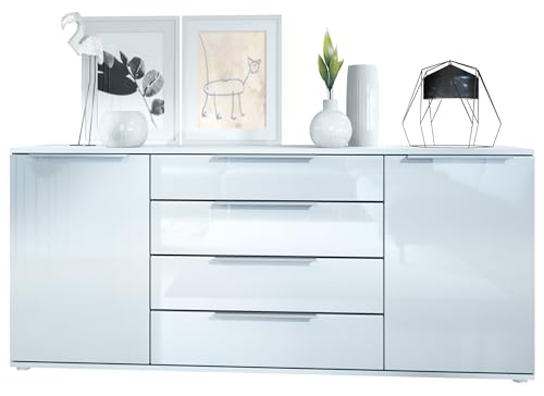 Vladon Sideboard Linio V2 166,5 x 72,5 x 35 cm Anrichte mit 2 Türen und 4 Schubladen, Korpus in Weiß matt, Fronten in Weiß Hochglanz von Vladon