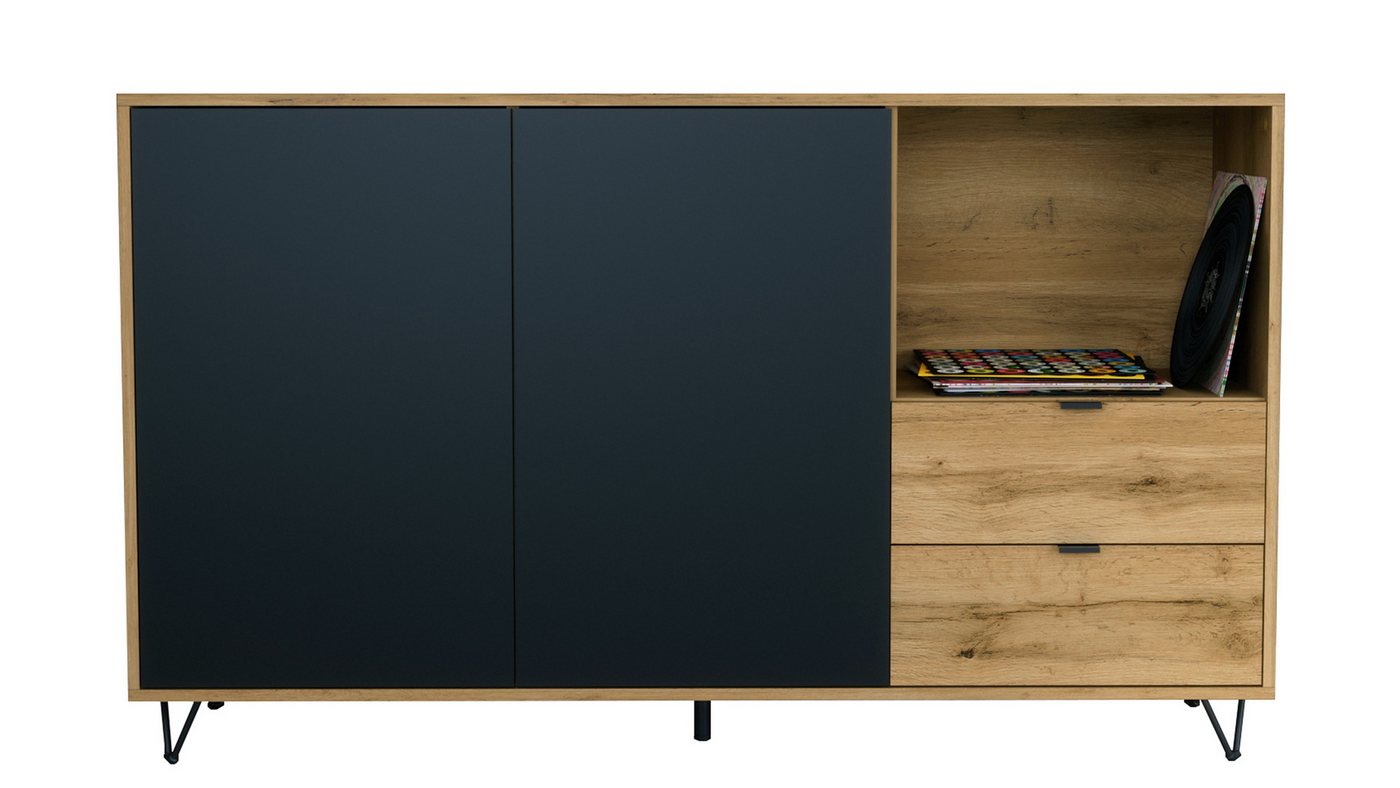 Vladon Sideboard Marino (Kommode mit 2 Türen Schwarz matt, 2 Schubladen Eiche Evoke, Made in Germany), Korpus Eiche Evoke (152,5 x 90,5 x 37 cm) von Vladon