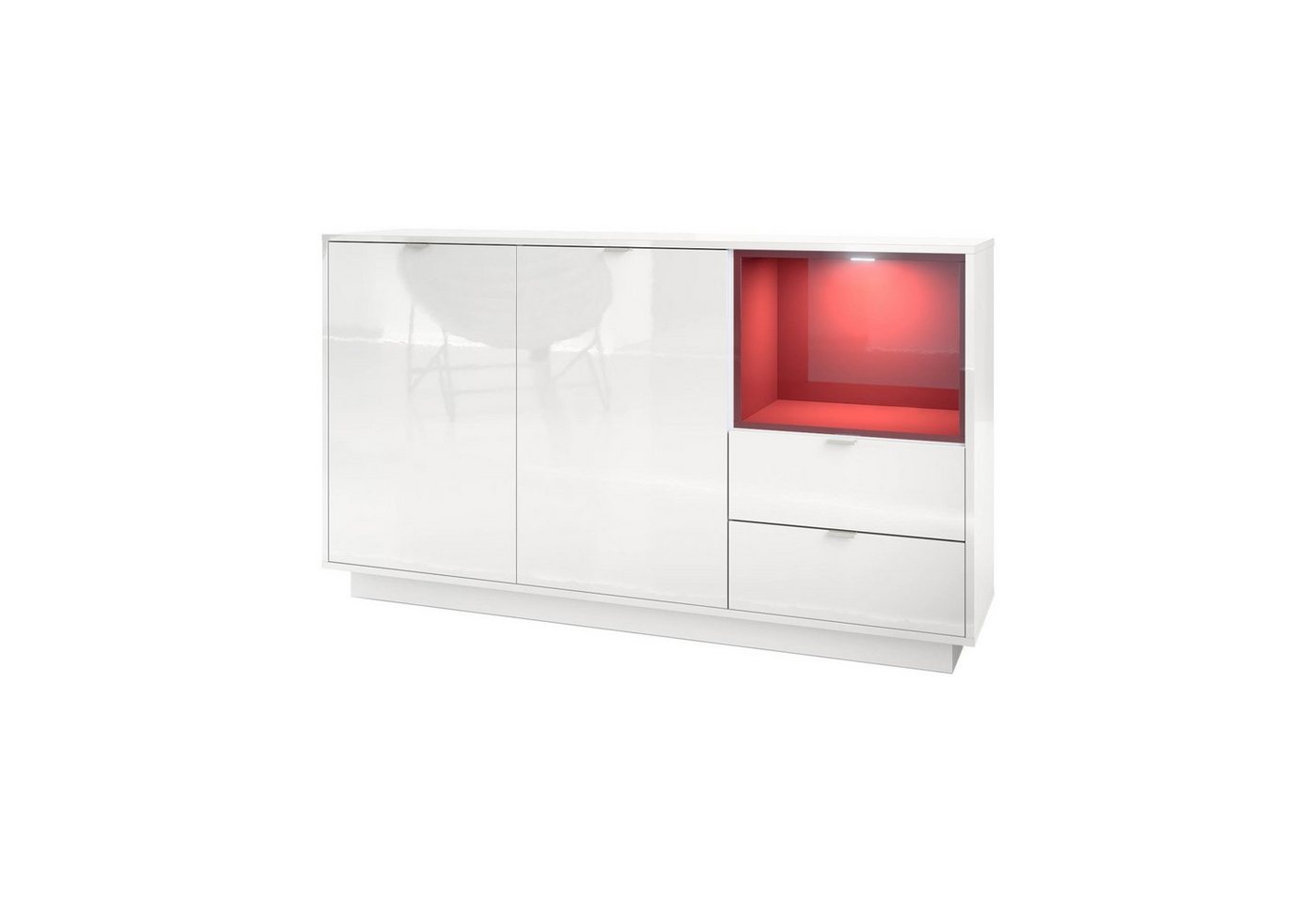 Vladon Sideboard Metro (Kommode, mit 2 Türen, 2 Schubladen und 1 offenem Fach), Weiß Hochglanz/Bordeaux Hochglanz inkl. LED Beleuchtung (153x88x38 cm) von Vladon