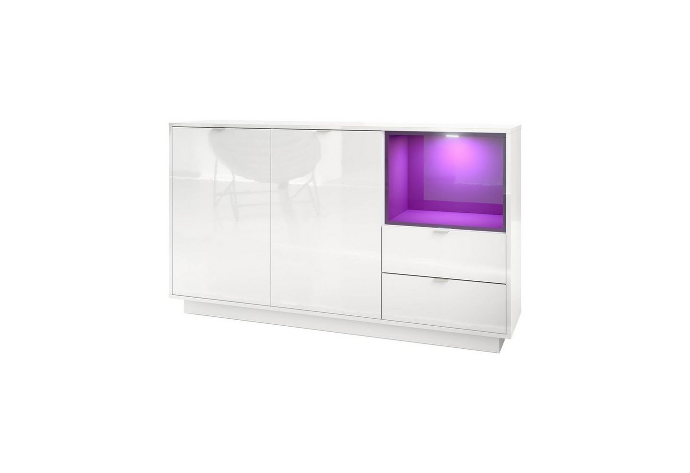 Vladon Sideboard Metro (Kommode, mit 2 Türen, 2 Schubladen und 1 offenem Fach), Weiß Hochglanz/Brombeer Hochglanz inkl. LED Beleuchtung (153x88x38 cm) von Vladon