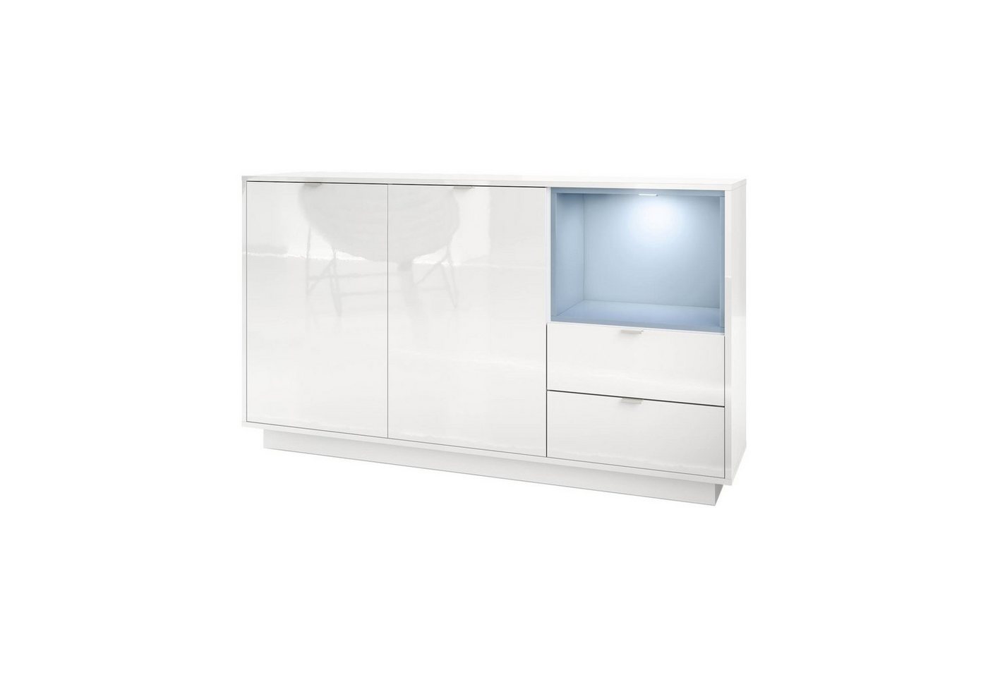 Vladon Sideboard Metro (Kommode, mit 2 Türen, 2 Schubladen und 1 offenem Fach), Weiß Hochglanz/Denim matt inkl. LED Beleuchtung (153 x 88 x 38 cm) von Vladon