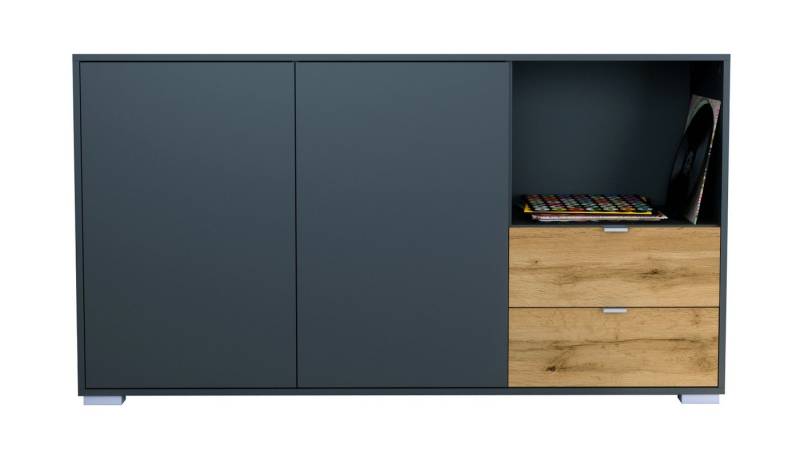 Vladon Sideboard Milano (Kommode mit 2 Türen Anthrazit matt, 2 Schubladen Eiche Evoke, Made in Germany), Korpus Anthrazit matt (152,5 x 83 x 37 cm) von Vladon