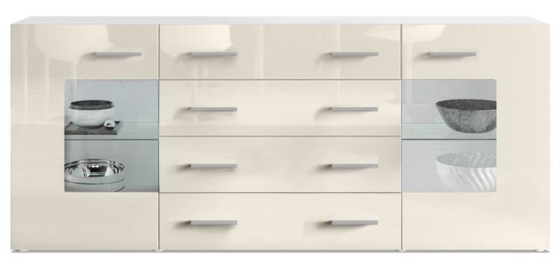 Vladon Sideboard Noah V2 (Kommode mit 2 Türen, 4 Schubladen und 2 flexible Glaseinlegeböden), Weiß matt/Creme Hochglanz (166 x 72 x 35) von Vladon