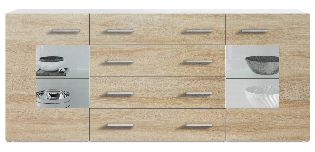 Vladon Sideboard Noah V2 (Kommode mit 2 Türen, 4 Schubladen und 2 flexible Glaseinlegeböden), Weiß matt/Eiche sägerau (166 x 72 x 35) von Vladon