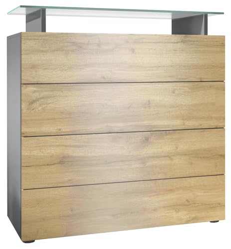 Vladon Sideboard Pavos V2, Kommode mit 4 Schubladen und Glasablage, Anthrazit matt/Eiche Evoke (76 x 80 x 33 cm) von Vladon