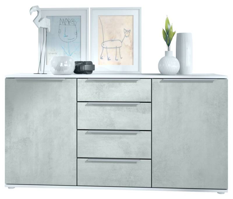 Vladon Sideboard Porto V1 (Anrichte, mit 2 Türen und 4 Schubladen), Weiß matt/Beton Oxid Optik (139 x 72,5 x 35 cm) von Vladon