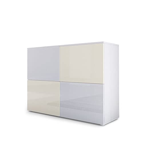 Vladon Sideboard Rova, Made in Germany, Kommode mit 4 Türen, Weiß matt/Weiß Hochglanz/Creme Hochglanz (92 x 72 x 35 cm) von Vladon