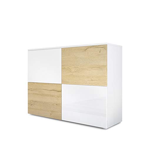 Vladon Sideboard Rova, Kommode mit 4 Türen, Weiß matt/Weiß Hochglanz/Eiche Natur (92 x 72 x 35 cm) von Vladon