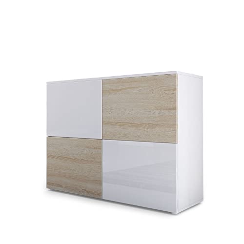 Vladon Sideboard Rova, Made in Germany, Kommode mit 4 Türen, Weiß matt/Weiß Hochglanz/Eiche sägegrau (92 x 72 x 35 cm) von Vladon