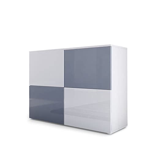 Vladon Sideboard Rova, Made in Germany, Kommode mit 4 Türen, Weiß matt/Weiß Hochglanz/Grau Hochglanz (92 x 72 x 35 cm) von Vladon