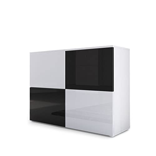 Vladon Sideboard Rova, Made in Germany, Kommode mit 4 Türen, Weiß matt/Weiß Hochglanz/Schwarz Hochglanz (92 x 72 x 35 cm) von Vladon