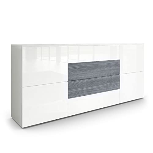 Vladon Sideboard Rova, Made in Germany, Kommode mit 4 Türen und 4 Schubladen, Weiß matt/Weiß Hochglanz/Avola-Anthrazit (166 x 72 x 35 cm) von Vladon
