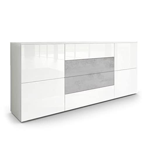 Vladon Sideboard Rova, Made in Germany, Kommode mit 4 Türen und 4 Schubladen, Weiß matt/Weiß Hochglanz/Beton Oxid Optik (166 x 72 x 35 cm) von Vladon