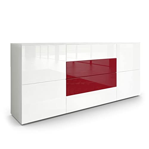 Vladon Sideboard Rova, Made in Germany, Kommode mit 4 Türen und 4 Schubladen, Weiß matt/Weiß Hochglanz/Bordeaux Hochglanz (166 x 72 x 35 cm) von Vladon