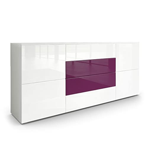 Vladon Sideboard Rova, Made in Germany, Kommode mit 4 Türen und 4 Schubladen, Weiß matt/Weiß Hochglanz/Brombeer Hochglanz (166 x 72 x 35 cm) von Vladon