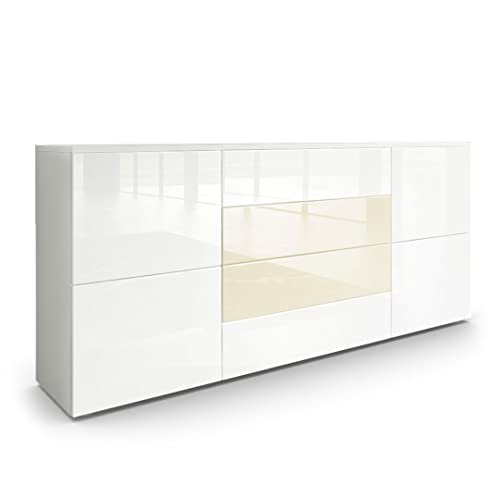 Vladon Sideboard Rova, Made in Germany, Kommode mit 4 Türen und 4 Schubladen, Weiß matt/Weiß Hochglanz/Creme Hochglanz (166 x 72 x 35 cm) von Vladon
