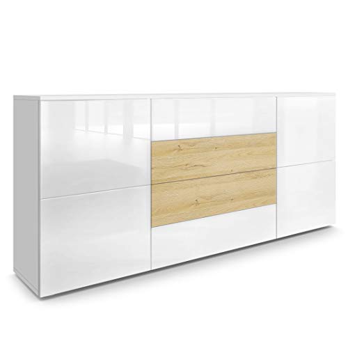 Vladon Sideboard Rova, Made in Germany, Kommode mit 4 Türen und 4 Schubladen, Weiß matt/Weiß Hochglanz/Eiche Natur (166 x 72 x 35 cm) von Vladon