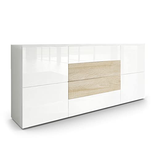 Vladon Sideboard Rova, Made in Germany, Kommode mit 4 Türen und 4 Schubladen, Weiß matt/Weiß Hochglanz/Eiche sägerau (166 x 72 x 35 cm) von Vladon