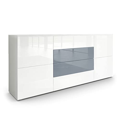 Vladon Sideboard Rova, Made in Germany, Kommode mit 4 Türen und 4 Schubladen, Weiß matt/Weiß Hochglanz/Grau Hochglanz (166 x 72 x 35 cm) von Vladon