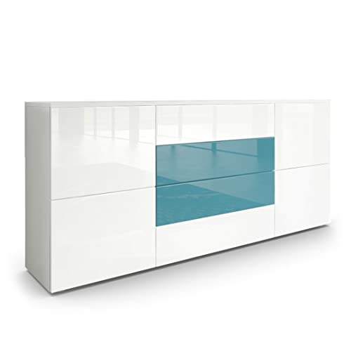 Vladon Sideboard Rova, Made in Germany, Kommode mit 4 Türen und 4 Schubladen, Weiß matt/Weiß Hochglanz/Petrol Hochglanz (166 x 72 x 35 cm) von Vladon