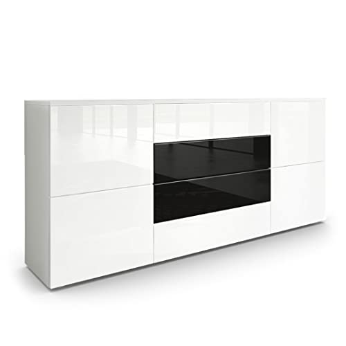 Vladon Sideboard Rova, Made in Germany, Kommode mit 4 Türen und 4 Schubladen, Weiß matt/Weiß Hochglanz/Schwarz Hochglanz (166 x 72 x 35 cm) von Vladon