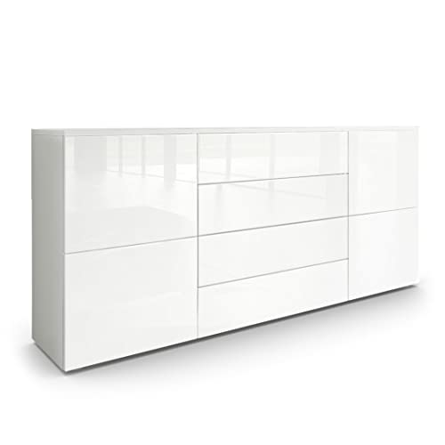 Vladon Sideboard Rova, Kommode mit 4 Türen und 4 Schubladen, Weiß matt/Weiß Hochglanz (166 x 72 x 35 cm) von Vladon