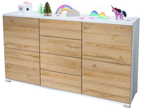 Vladon Sideboard Rova V1, Kommode mit 4 Türen und 4 Schubladen, Weiß matt/Eiche Natur (138,5 x 75,5 x 35) von Vladon