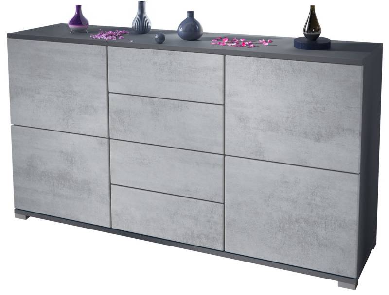 Vladon Sideboard Rova V1 (Kommode mit 4 Türen, 4 Schubladen, Made in Germany), Anthrazit matt/Beton Oxid Optik (138,5 x 75,5 x 35) von Vladon