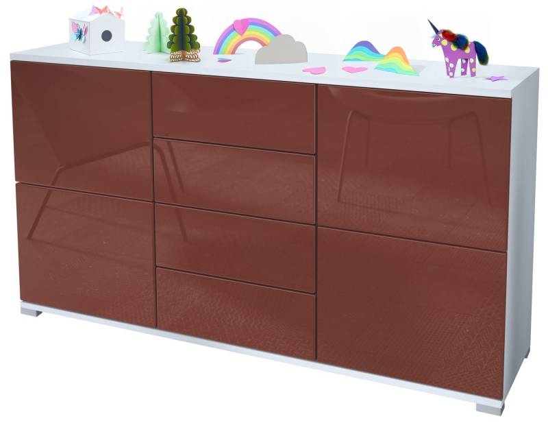 Vladon Sideboard Rova V1 (Kommode mit 4 Türen, 4 Schubladen, Made in Germany), Weiß matt/Bordeaux Hochglanz (138,5 x 75,5 x 35) von Vladon