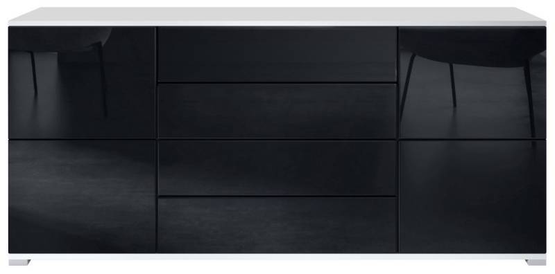 Vladon Sideboard Rova V2 (Kommode mit 4 Türen, 4 Schubladen, Made in Germany), Weiß matt/Schwarz Hochglanz (166,5 x 75,5 x 35) von Vladon