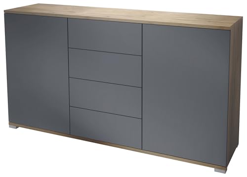 Vladon Sideboard Santo V1, Anrichte mit 2 Türen und 4 Schubladen, Eiche Evoke/Anthrazit matt (138,5 x 75,5 x 35 cm) von Vladon