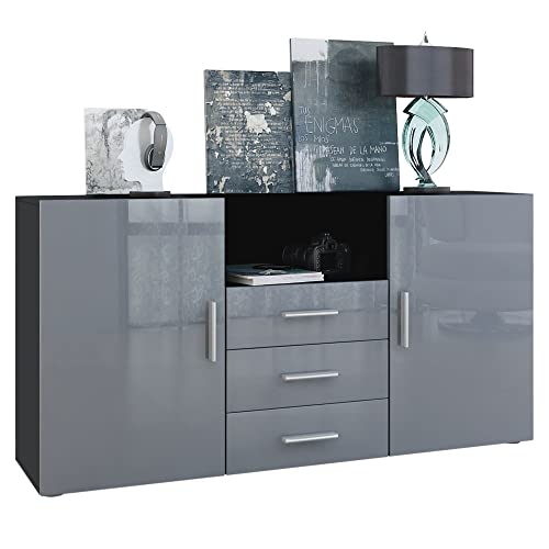 Vladon Sideboard Skadu, Kommode mit 2 Türen, 3 Schubladen und 1 offenem Fach, Schwarz matt/Grau Hochglanz (138,5 x 71,5 x 35 cm) von Vladon