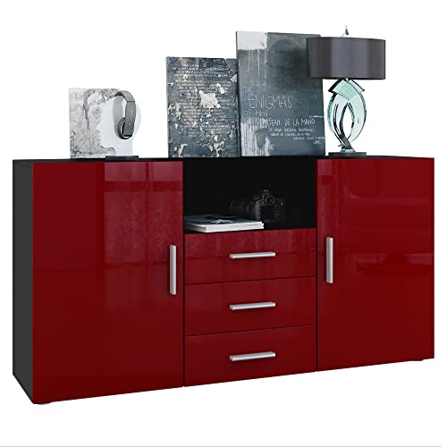 Vladon Sideboard Skadu, Kommode mit 2 Türen, 3 Schubladen und 1 offenem Fach, Schwarz matt/Bordeaux Hochglanz (138,5 x 71,5 x 35 cm) von Vladon