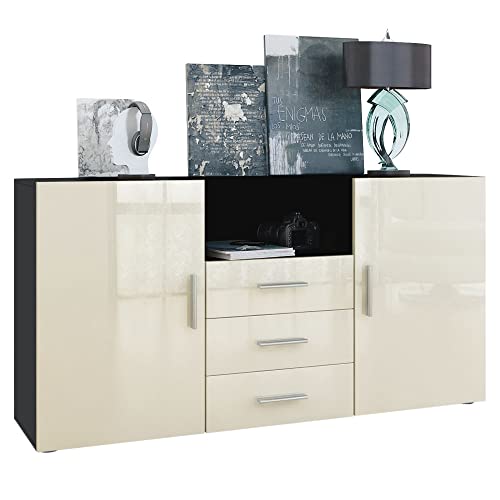 Vladon Sideboard Skadu, Kommode mit 2 Türen, 3 Schubladen und 1 offenem Fach, Schwarz matt/Creme Hochglanz (138,5 x 71,5 x 35 cm) von Vladon