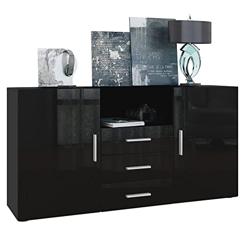 Vladon Sideboard Skadu, Kommode mit 2 Türen, 3 Schubladen und 1 offenem Fach, Schwarz matt/Schwarz Hochglanz (138,5 x 71,5 x 35 cm) von Vladon