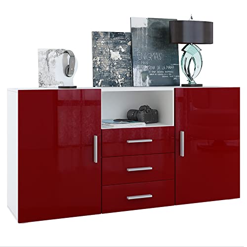 Vladon Sideboard Skadu, Kommode mit 2 Türen, 3 Schubladen und 1 offenem Fach, Weiß matt/Bordeaux Hochglanz (138,5 x 71,5 x 35 cm) von Vladon