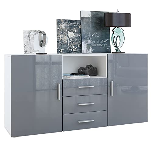 Vladon Sideboard Skadu, Kommode mit 2 Türen, 3 Schubladen und 1 offenem Fach, Weiß matt/Grau Hochglanz (138,5 x 71,5 x 35 cm) von Vladon